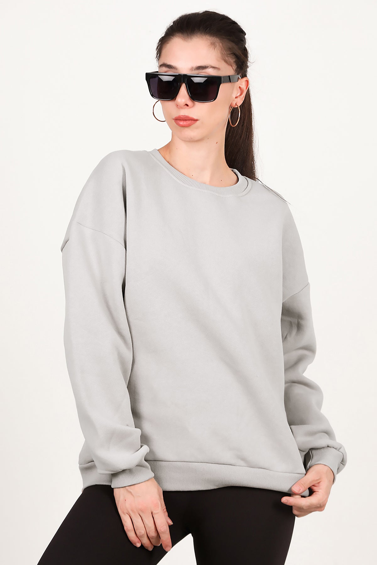 Kadın Bisiklet Yaka Üç İplik Oversize Sweat Vizon