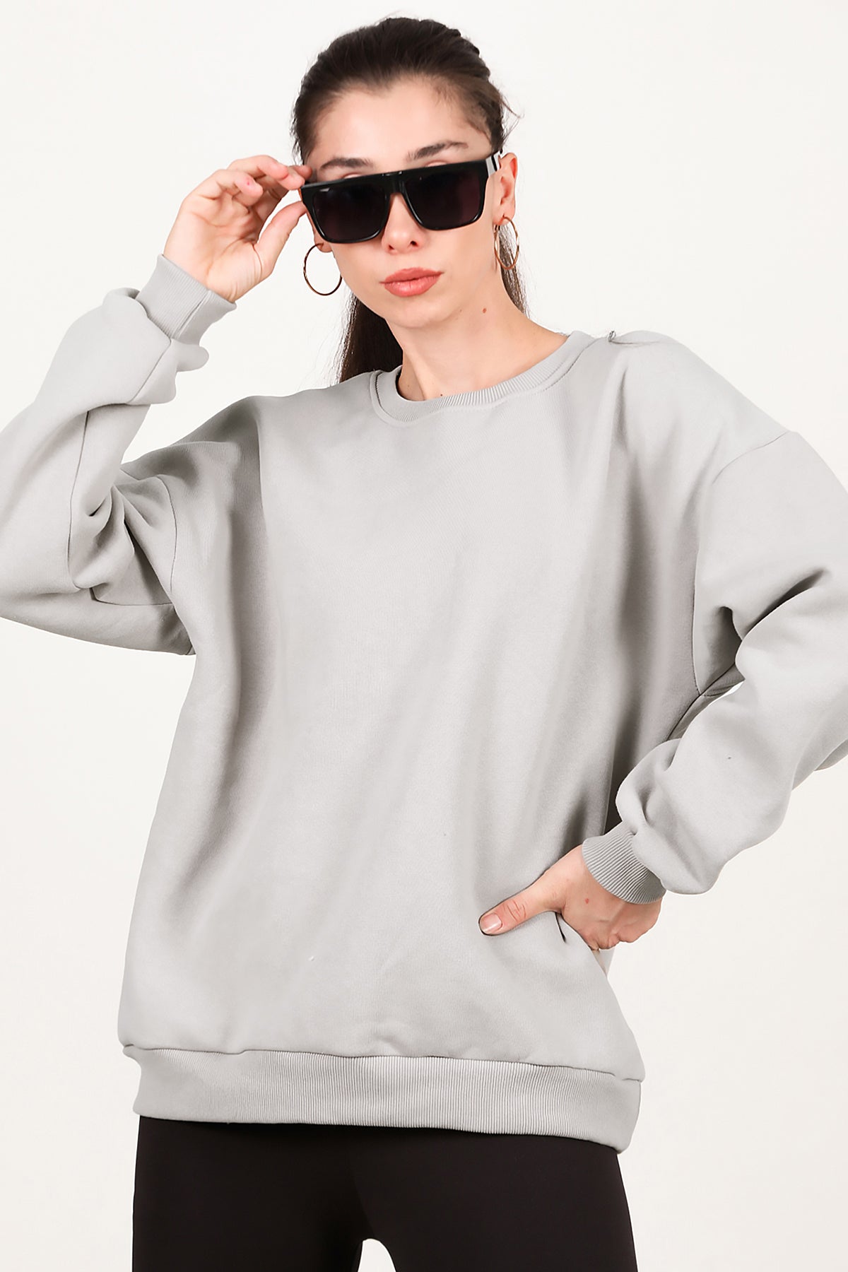 Kadın Bisiklet Yaka Üç İplik Oversize Sweat Vizon