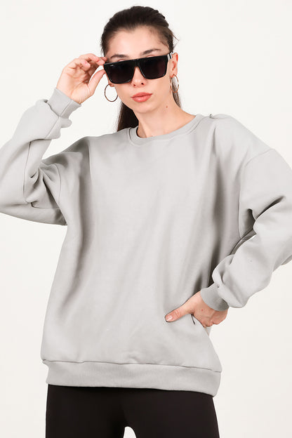Kadın Bisiklet Yaka Üç İplik Oversize Sweat Vizon