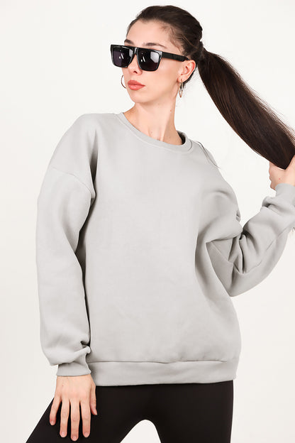 Kadın Bisiklet Yaka Üç İplik Oversize Sweat Vizon