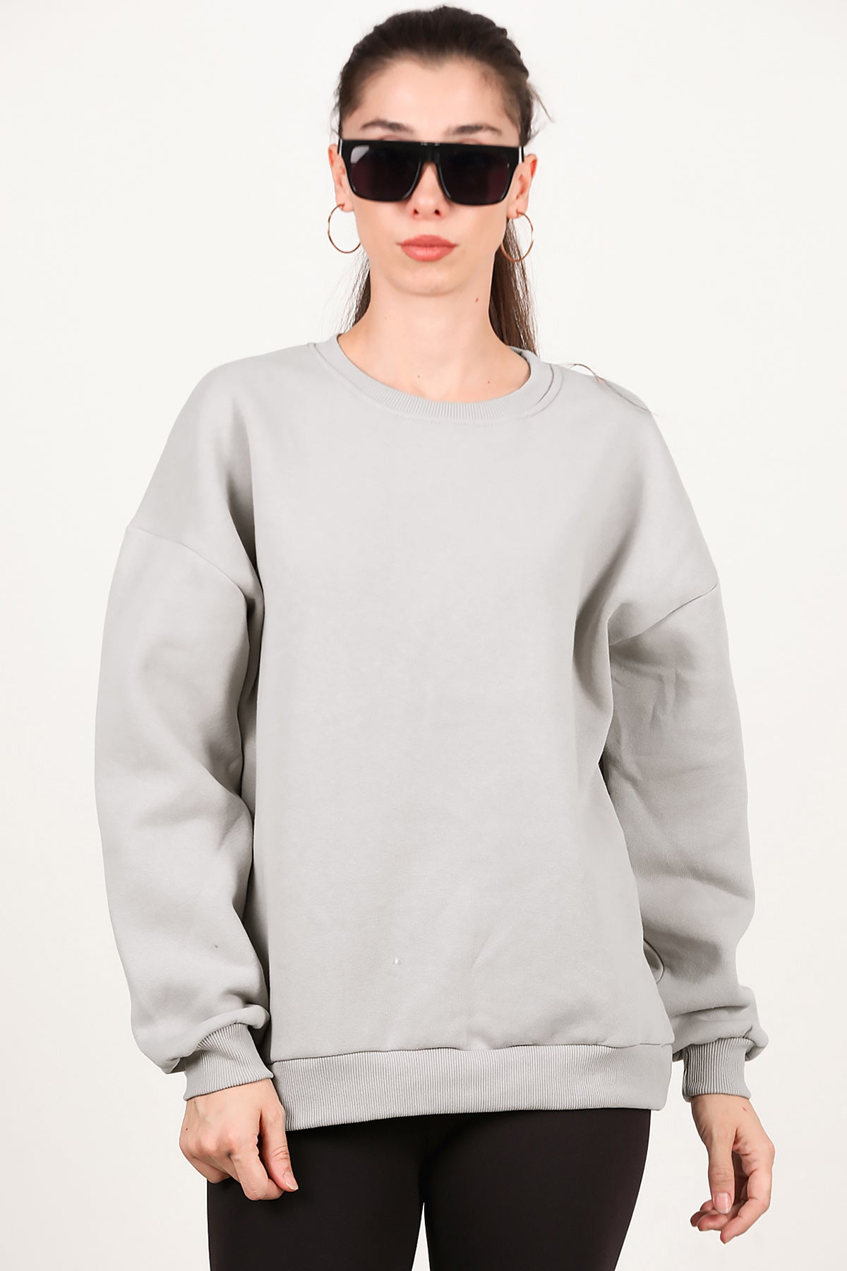 Kadın Bisiklet Yaka Üç İplik Oversize Sweat Vizon