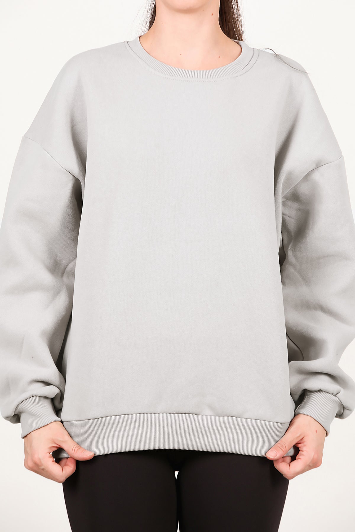 Kadın Bisiklet Yaka Üç İplik Oversize Sweat Vizon