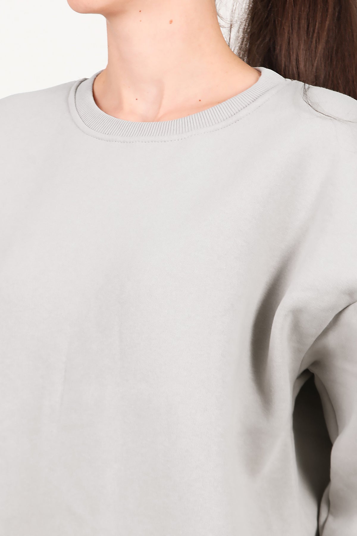 Kadın Bisiklet Yaka Üç İplik Oversize Sweat Vizon