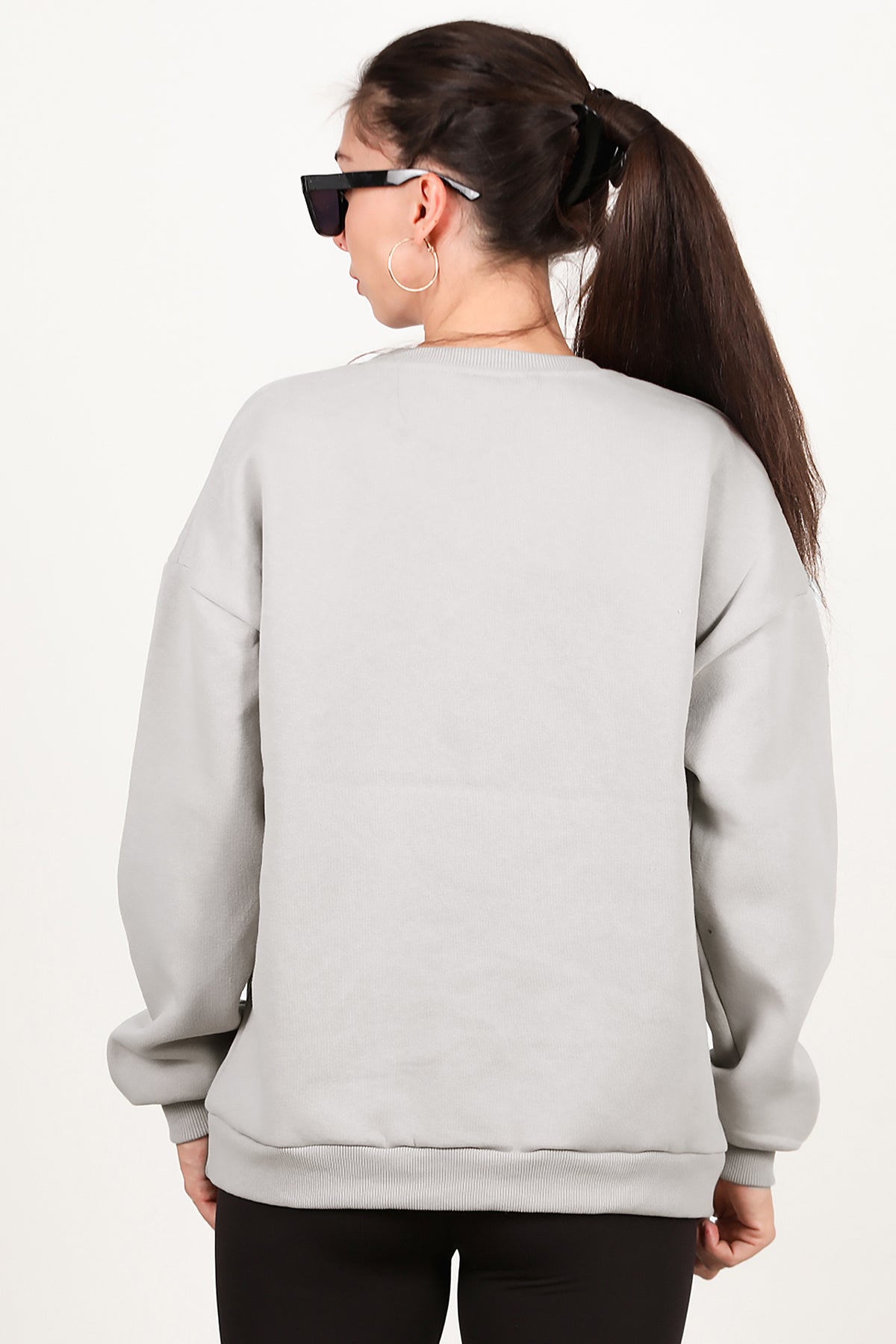 Kadın Bisiklet Yaka Üç İplik Oversize Sweat Vizon
