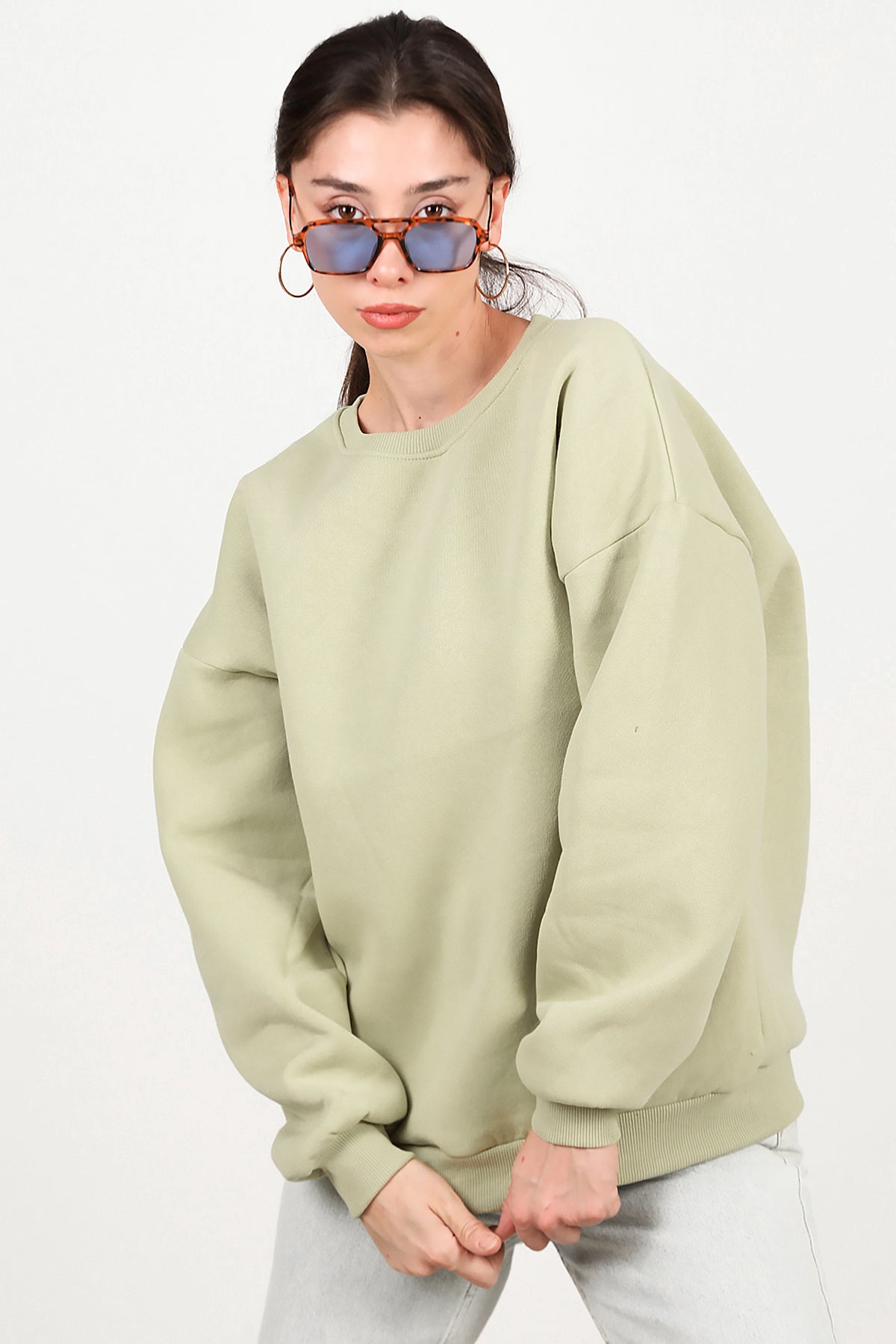 Kadın Bisiklet Yaka Üç İplik Oversize Sweat Yeşil