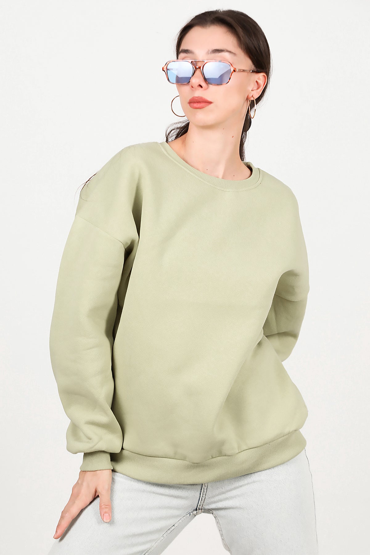 Kadın Bisiklet Yaka Üç İplik Oversize Sweat Yeşil