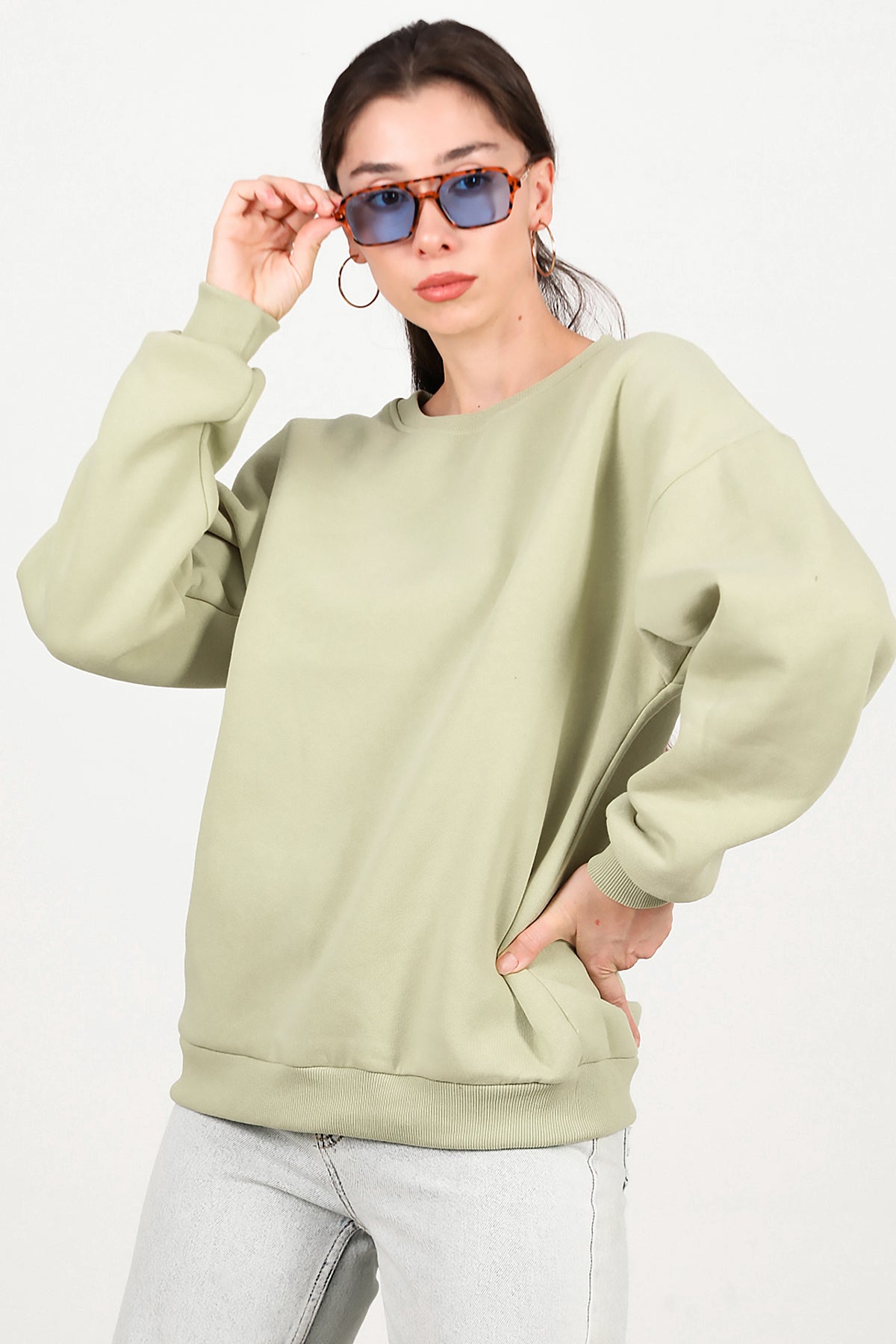 Kadın Bisiklet Yaka Üç İplik Oversize Sweat Yeşil