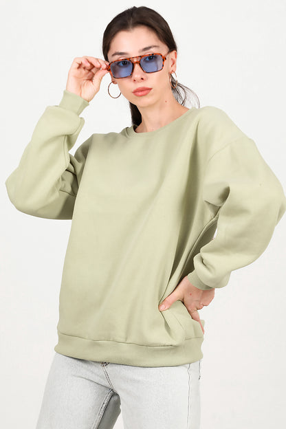 Kadın Bisiklet Yaka Üç İplik Oversize Sweat Yeşil