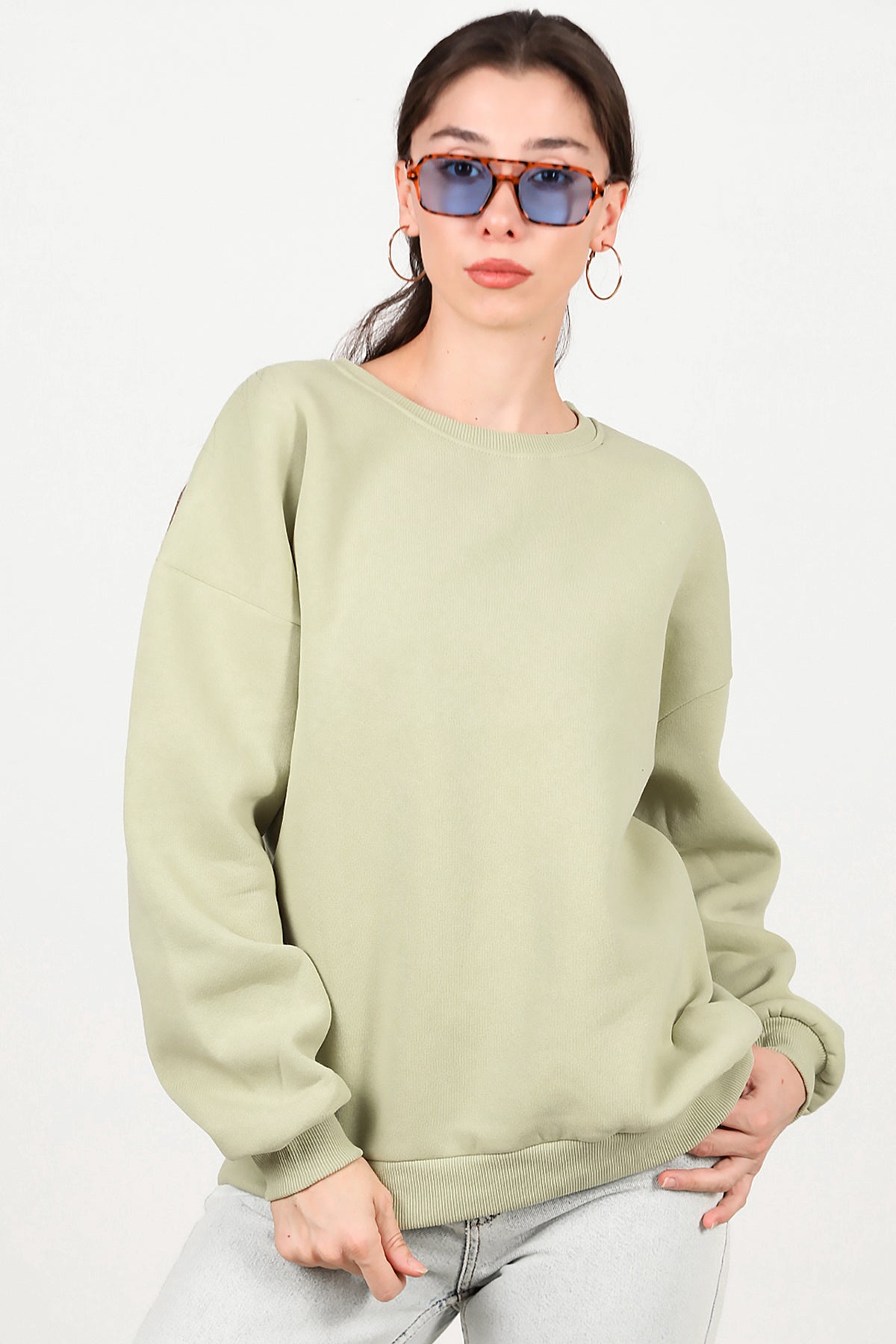Kadın Bisiklet Yaka Üç İplik Oversize Sweat Yeşil