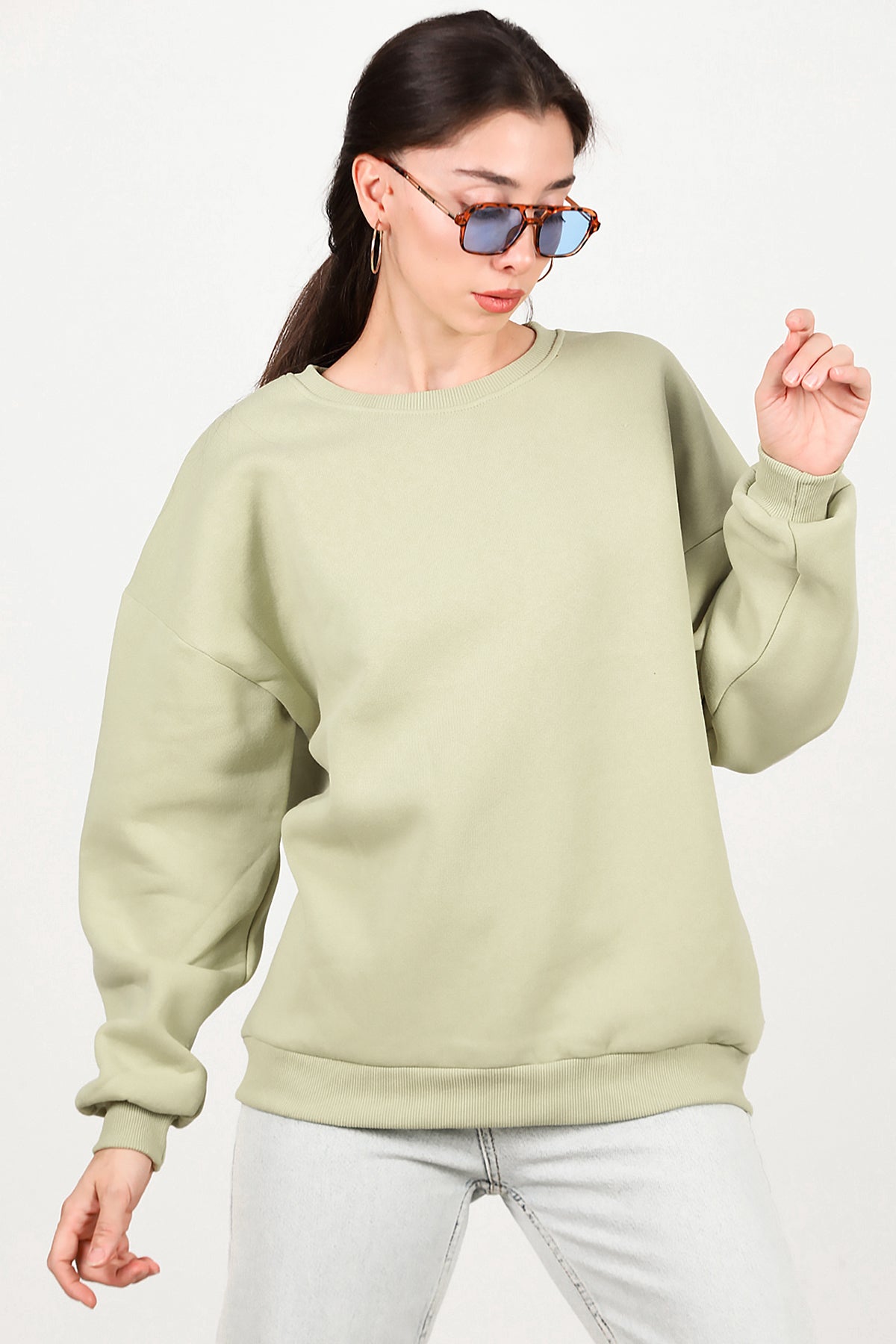 Kadın Bisiklet Yaka Üç İplik Oversize Sweat Yeşil