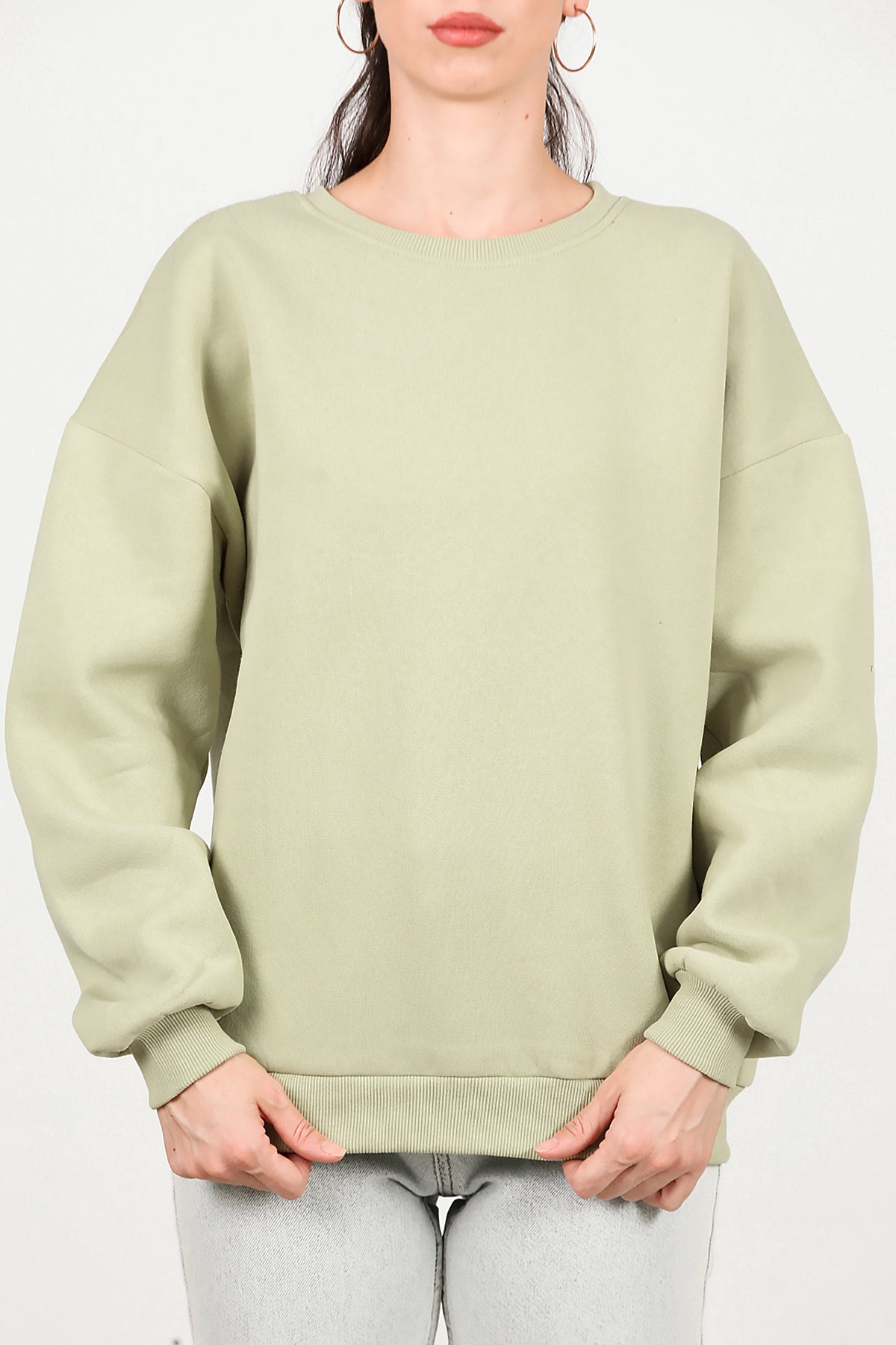 Kadın Bisiklet Yaka Üç İplik Oversize Sweat Yeşil