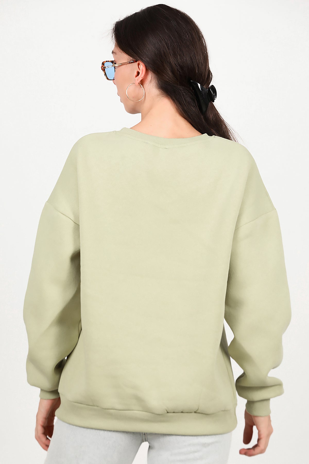 Kadın Bisiklet Yaka Üç İplik Oversize Sweat Yeşil