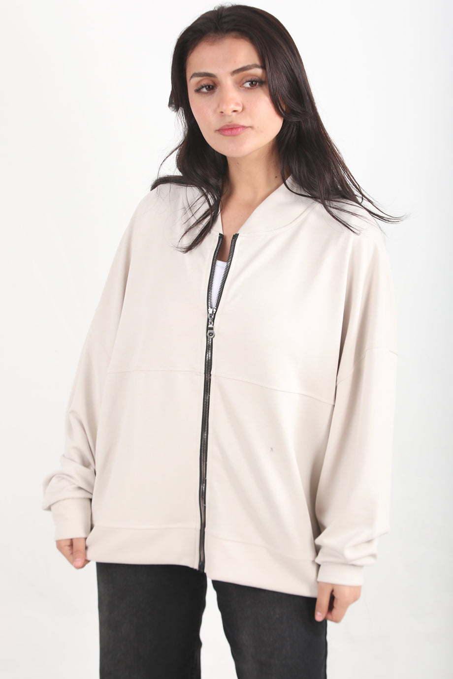 Ziphoodie Kadın Ön Fermuarlı Sweat Taş