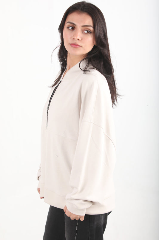 Ziphoodie Kadın Ön Fermuarlı Sweat Taş