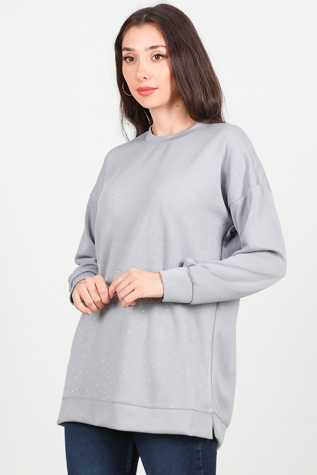 Kadın Taşlı Bisiklet Yaka Sweat Gri