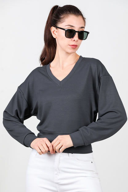 Kadın V Yaka Uzun Kol Sweat Füme