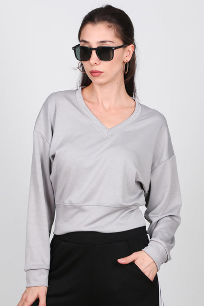 Kadın V Yaka Uzun Kol Sweat Gri