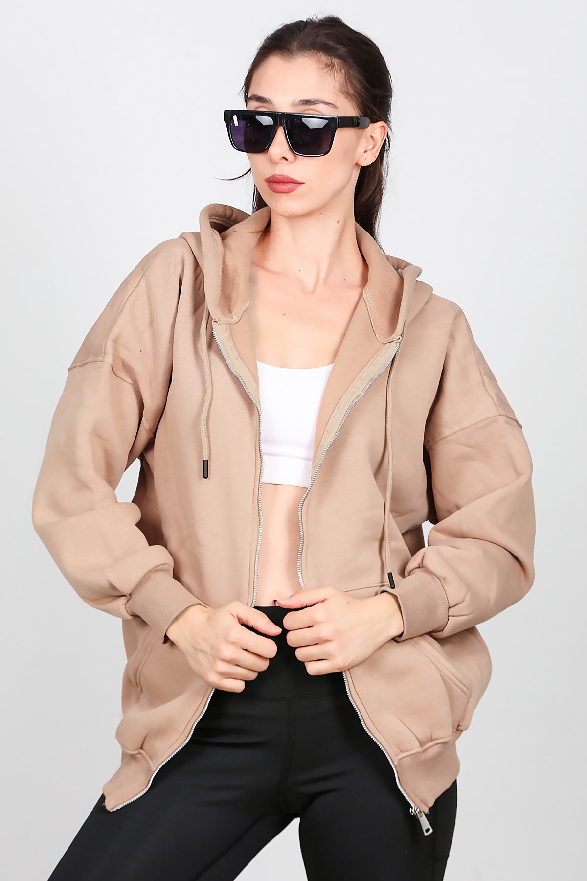 Kadın Fermuarlı Kapşonlu Sweat Bej