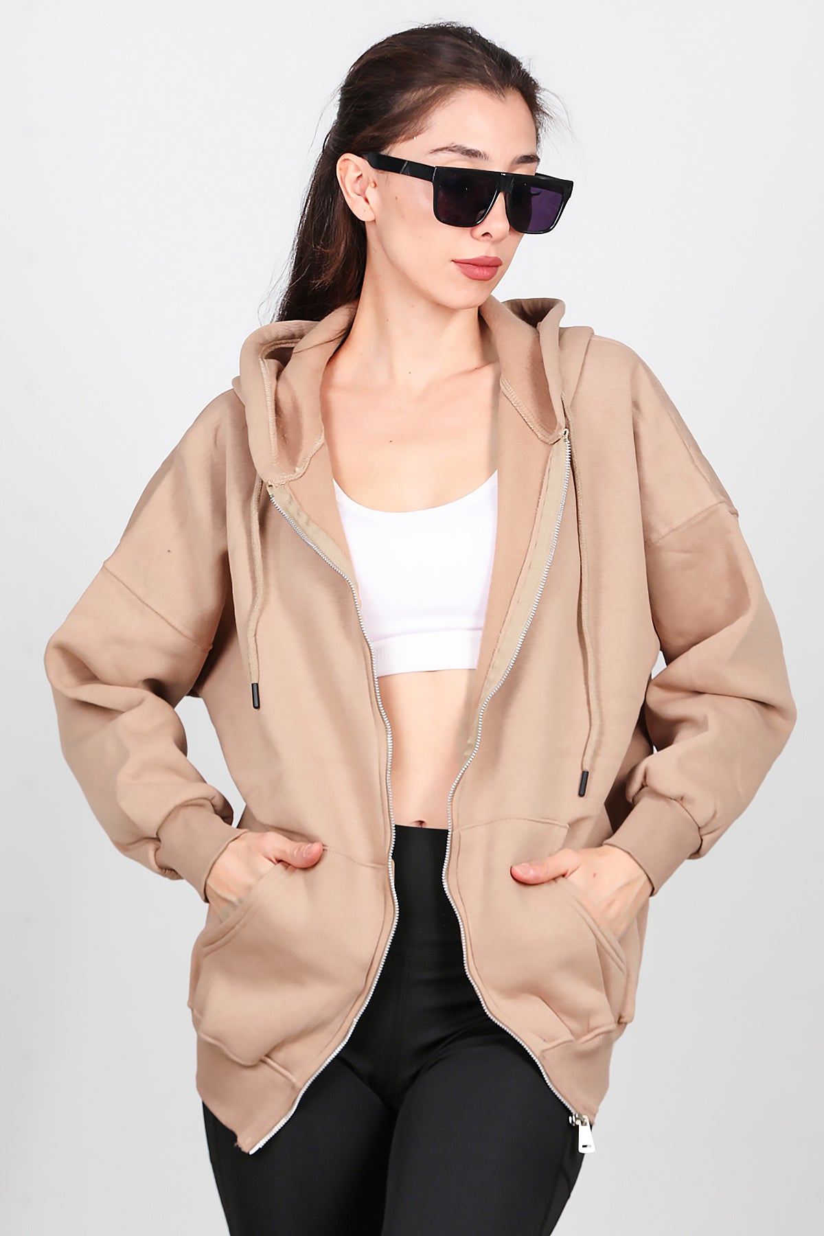 Kadın Fermuarlı Kapşonlu Sweat Bej