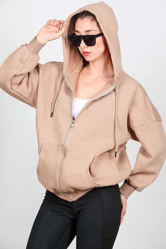Kadın Fermuarlı Kapşonlu Sweat Bej
