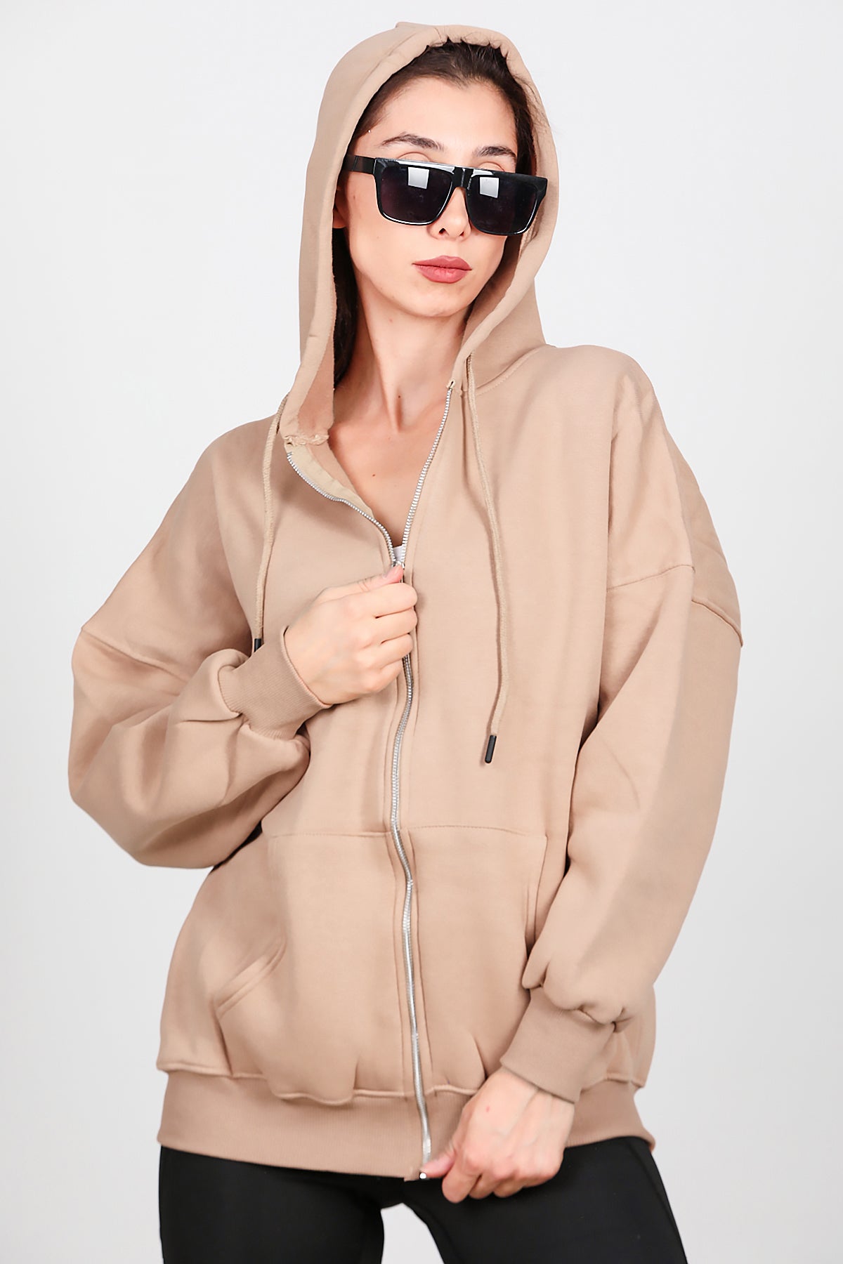 Kadın Fermuarlı Kapşonlu Sweat Bej