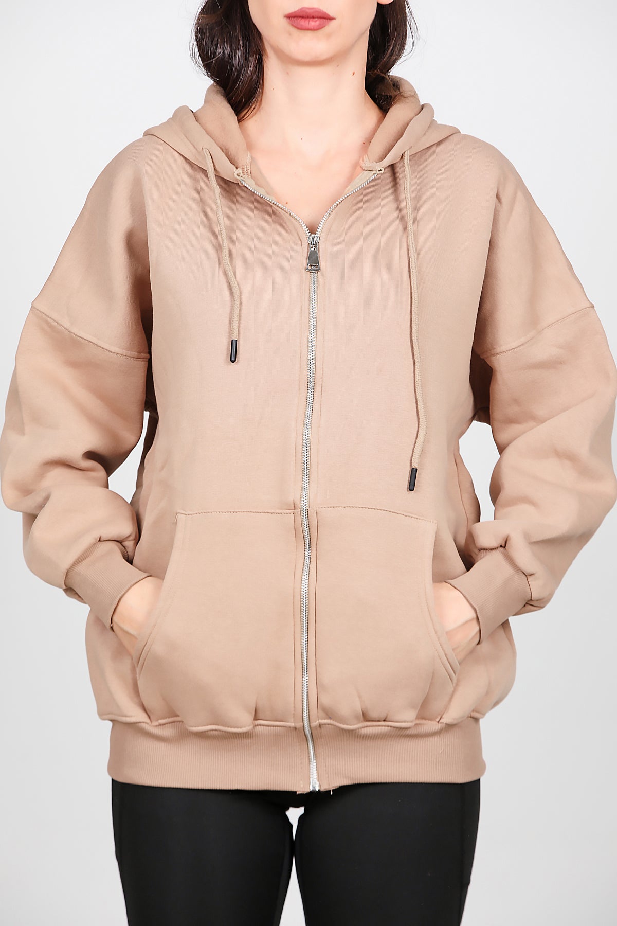 Kadın Fermuarlı Kapşonlu Sweat Bej
