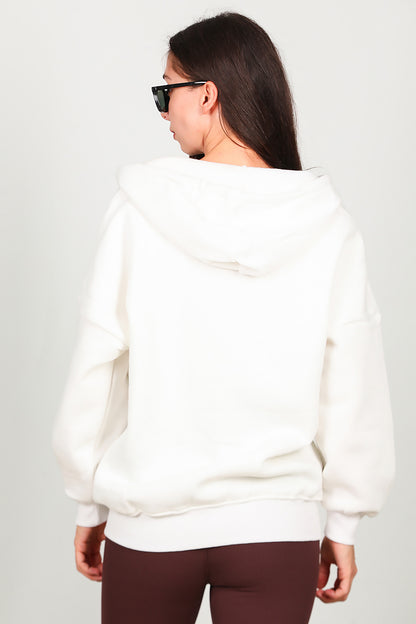 Kadın Fermuarlı Kapşonlu Sweat Ekru