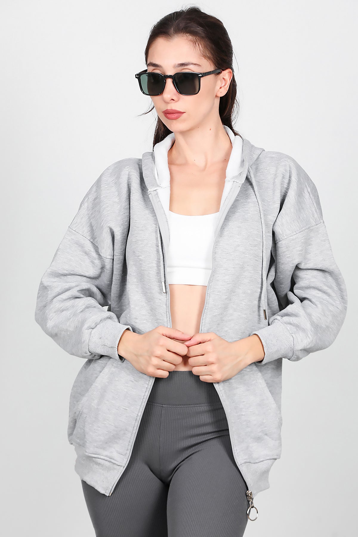 Kadın Fermuarlı Kapşonlu Sweat Gri