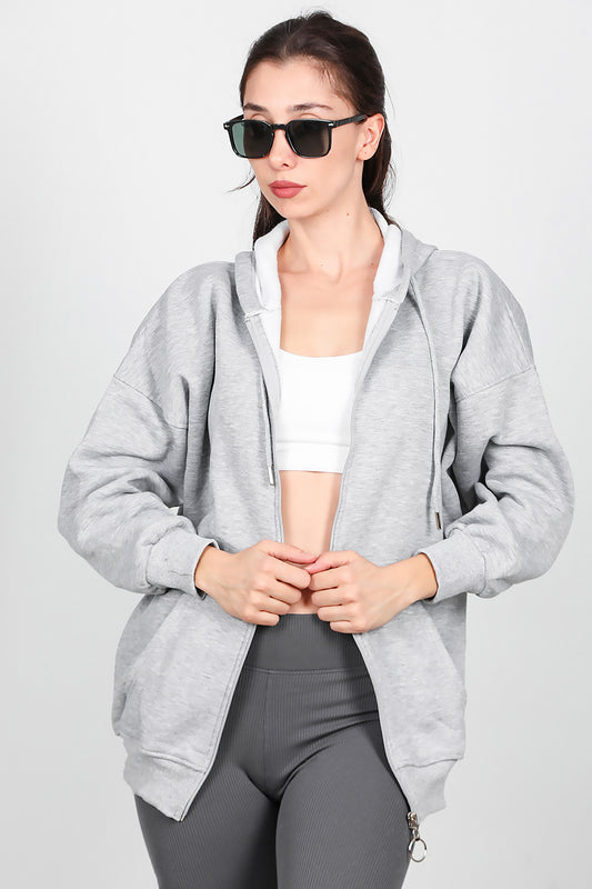 Kadın Fermuarlı Kapşonlu Sweat Gri