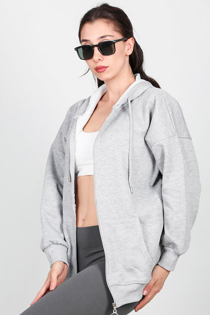 Kadın Fermuarlı Kapşonlu Sweat Gri
