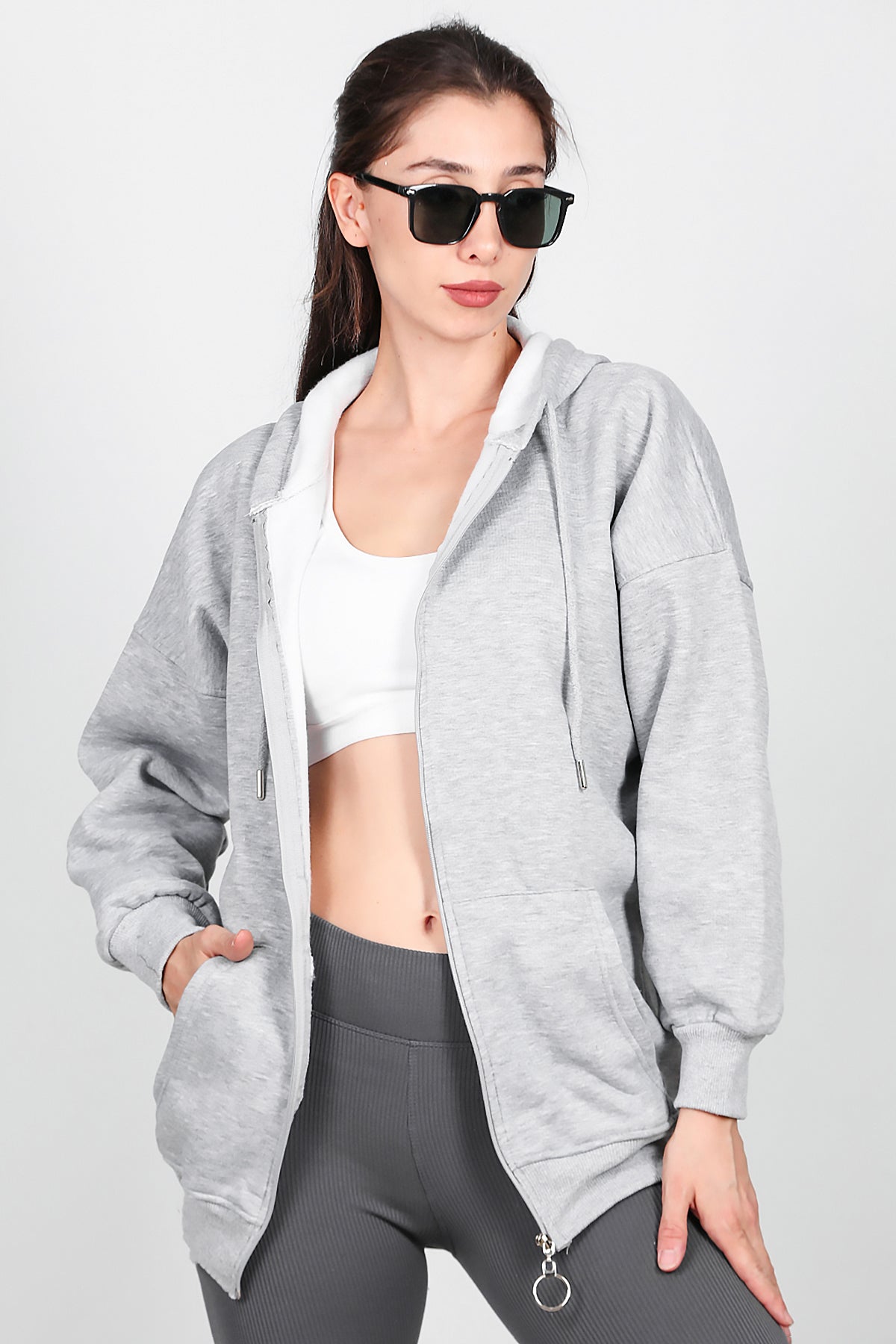 Kadın Fermuarlı Kapşonlu Sweat Gri