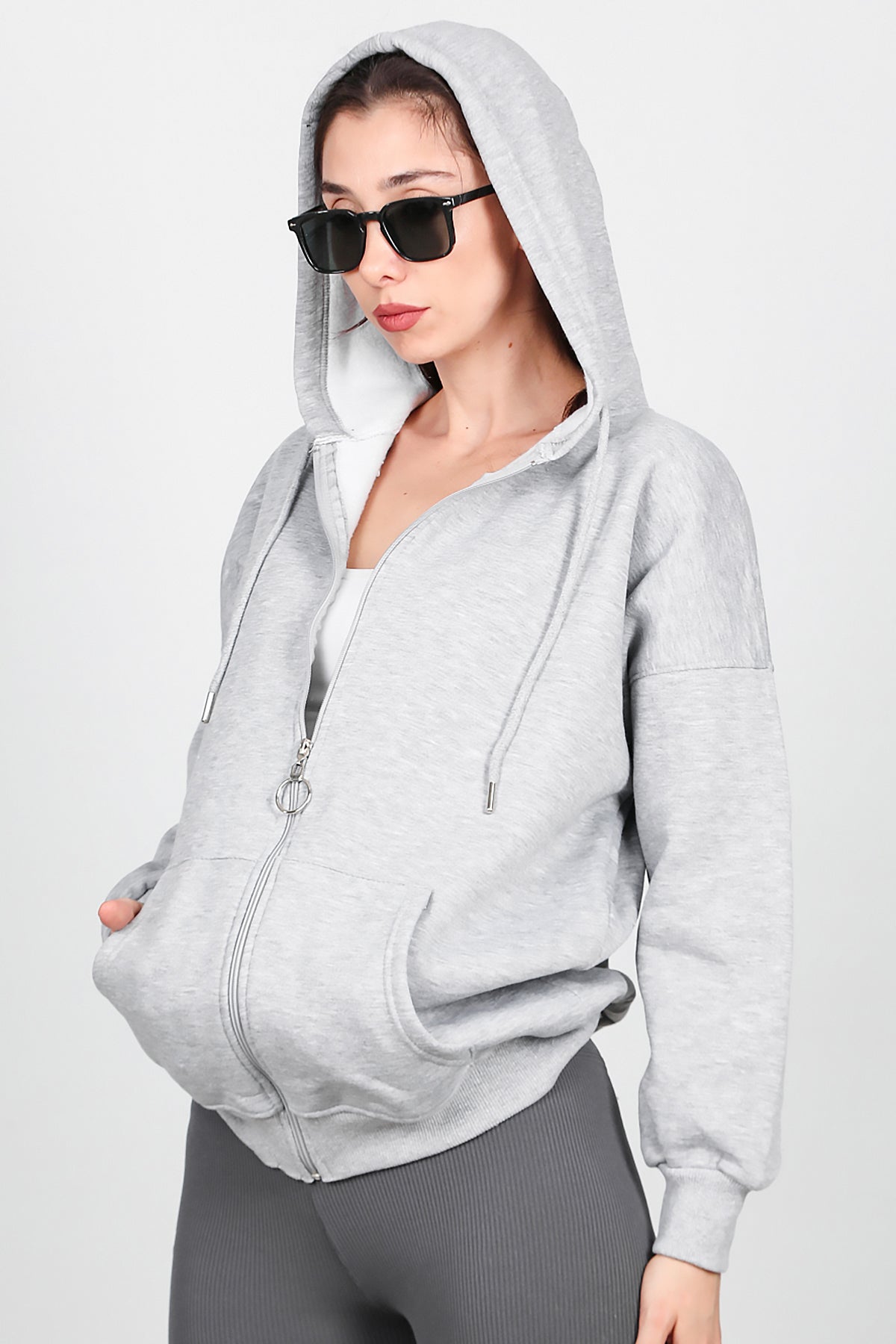 Kadın Fermuarlı Kapşonlu Sweat Gri