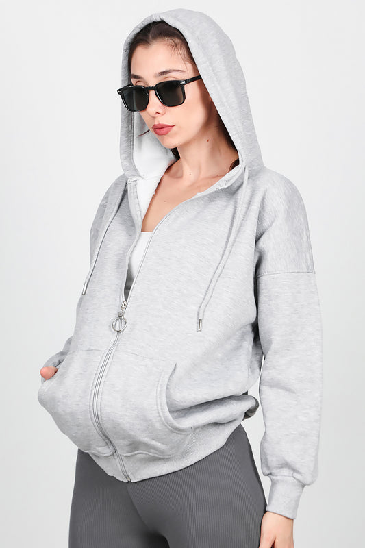 Kadın Fermuarlı Kapşonlu Sweat Gri