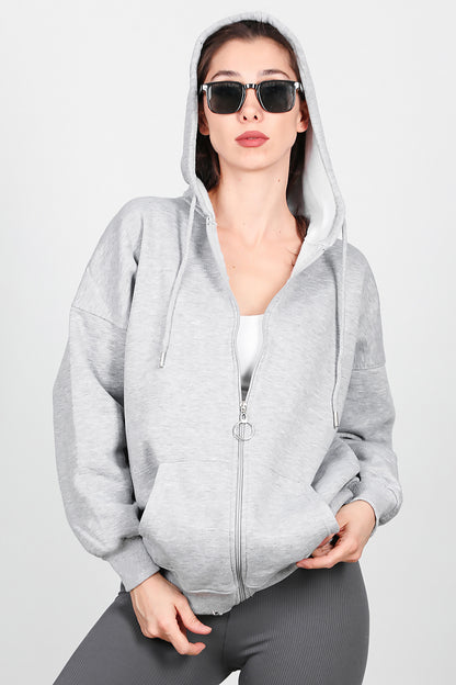 Kadın Fermuarlı Kapşonlu Sweat Gri