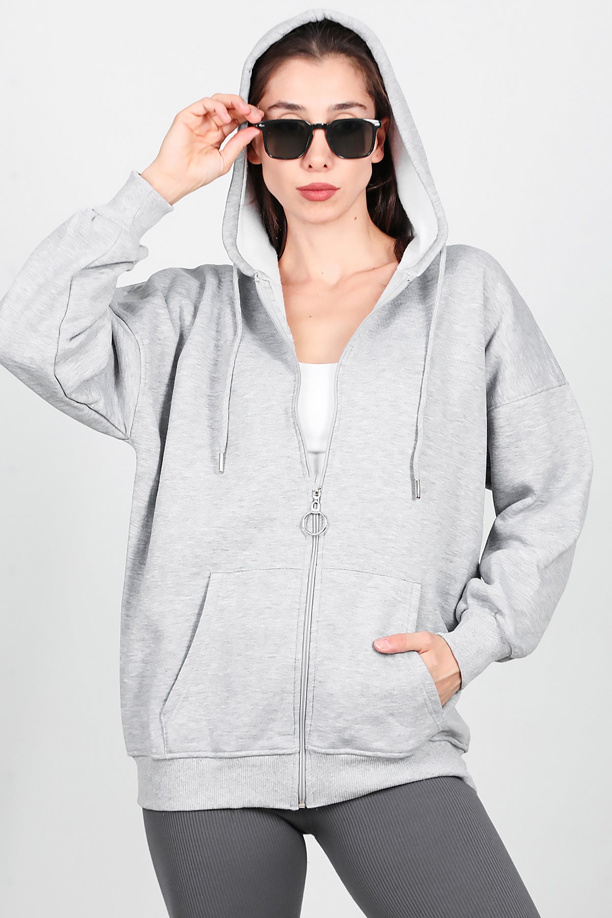 Kadın Fermuarlı Kapşonlu Sweat Gri