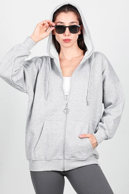 Kadın Fermuarlı Kapşonlu Sweat Gri