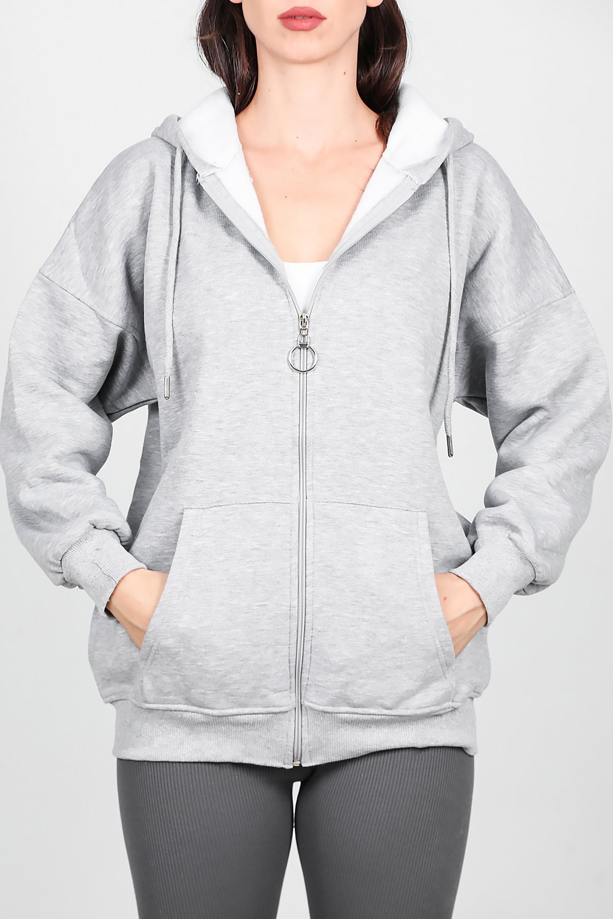 Kadın Fermuarlı Kapşonlu Sweat Gri
