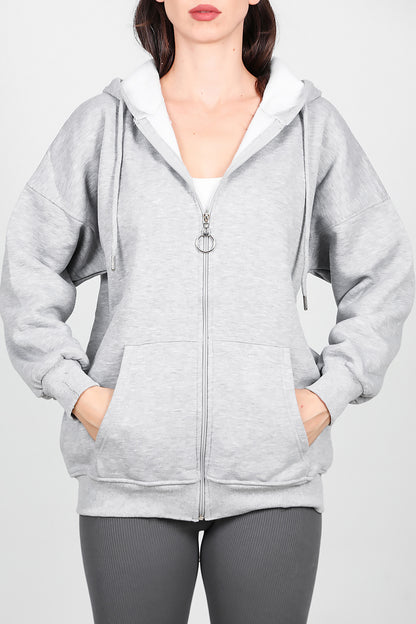 Kadın Fermuarlı Kapşonlu Sweat Gri