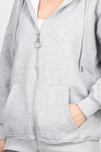 Kadın Fermuarlı Kapşonlu Sweat Gri