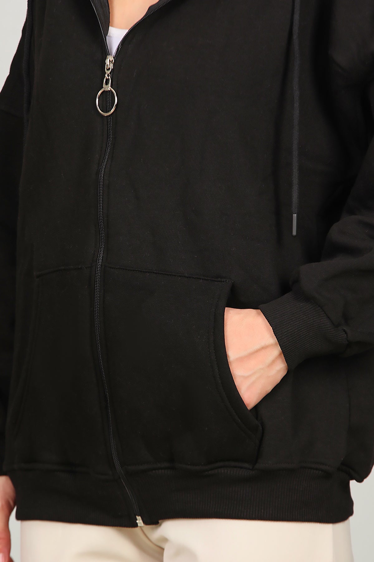 Kadın Fermuarlı Kapşonlu Sweat Siyah