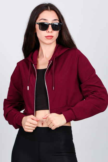 Kadın Kapşonlu Crop Sweat Bordo