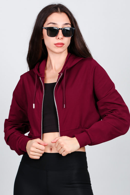 Kadın Kapşonlu Crop Sweat Bordo