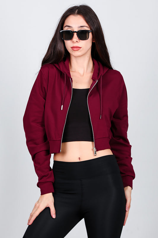 Kadın Kapşonlu Crop Sweat Bordo