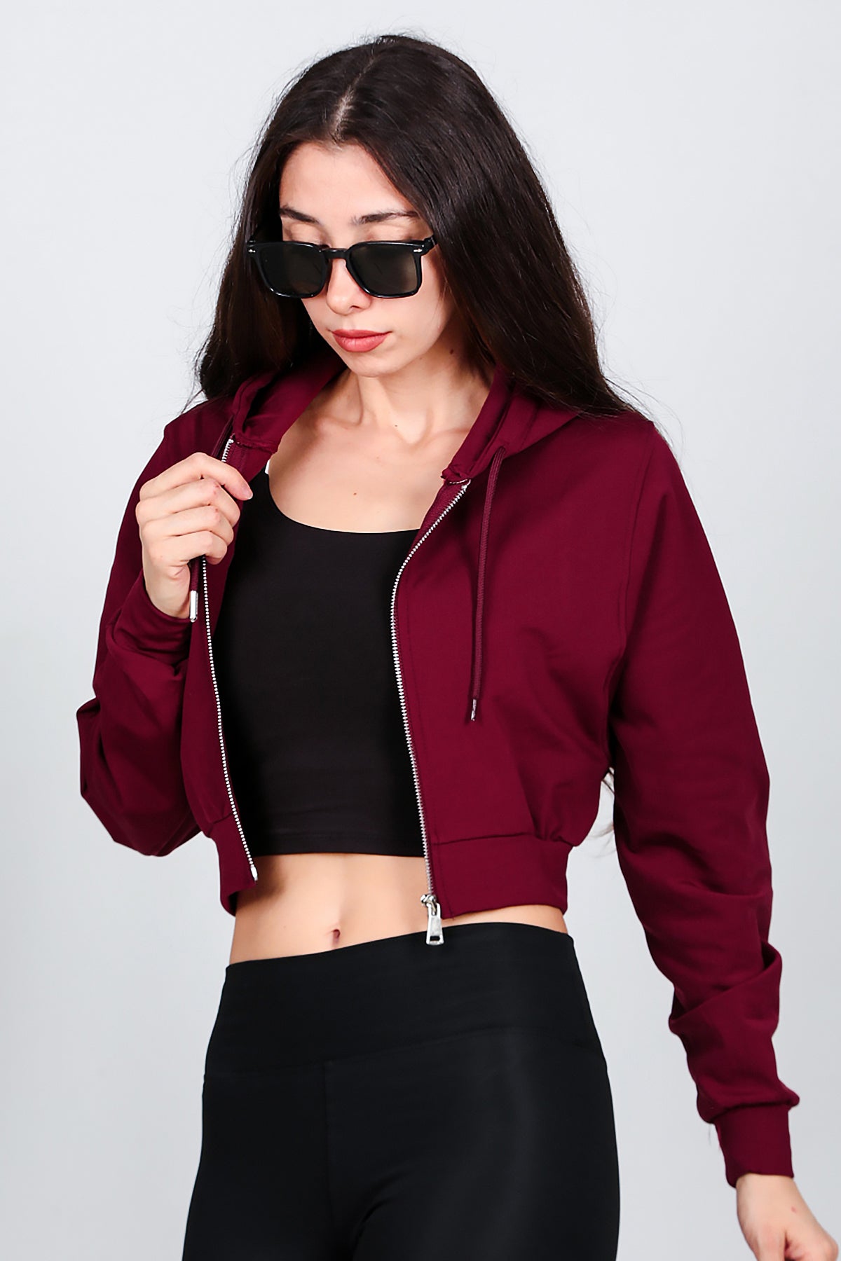Kadın Kapşonlu Crop Sweat Bordo