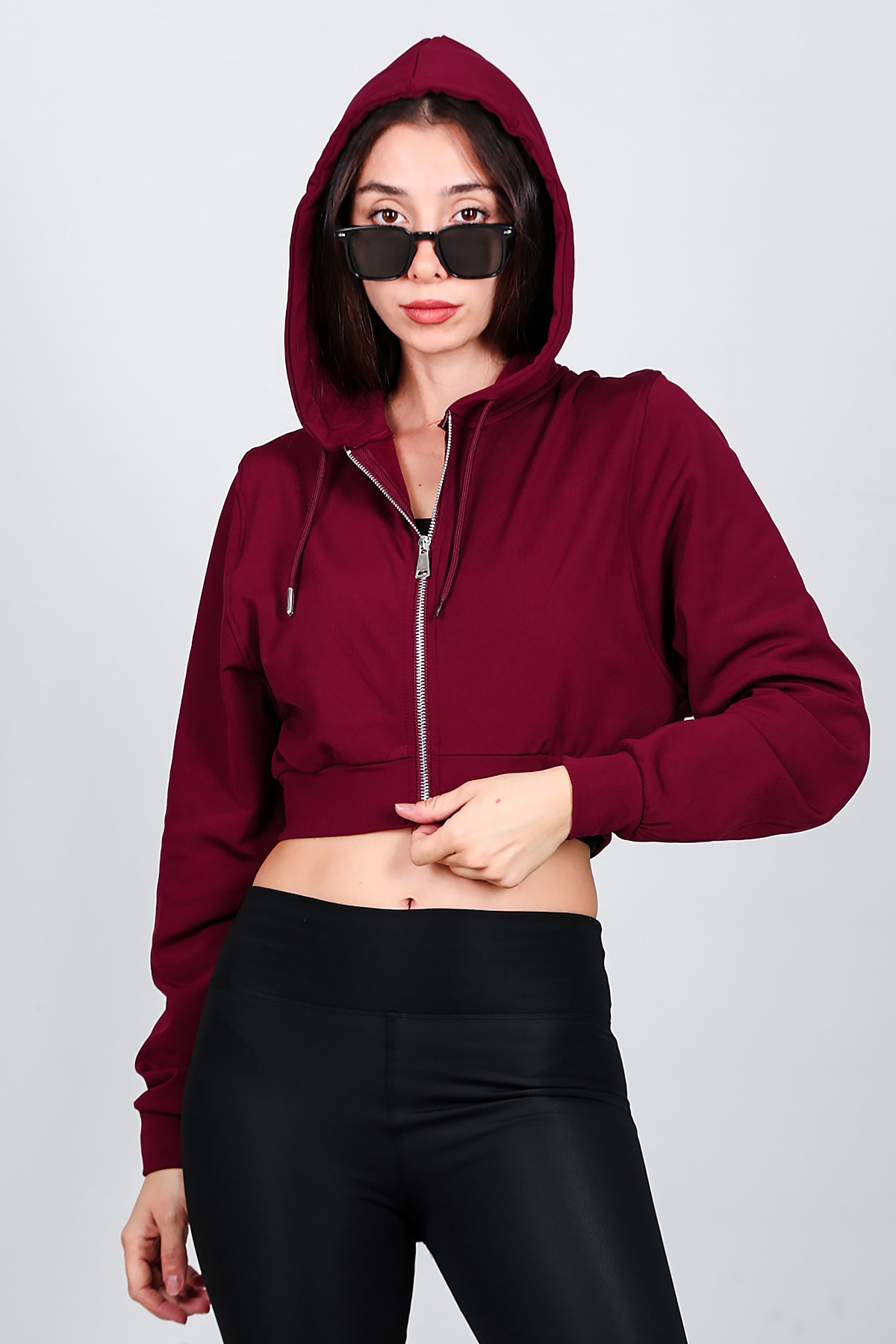 Kadın Kapşonlu Crop Sweat Bordo