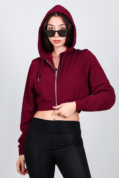 Kadın Kapşonlu Crop Sweat Bordo