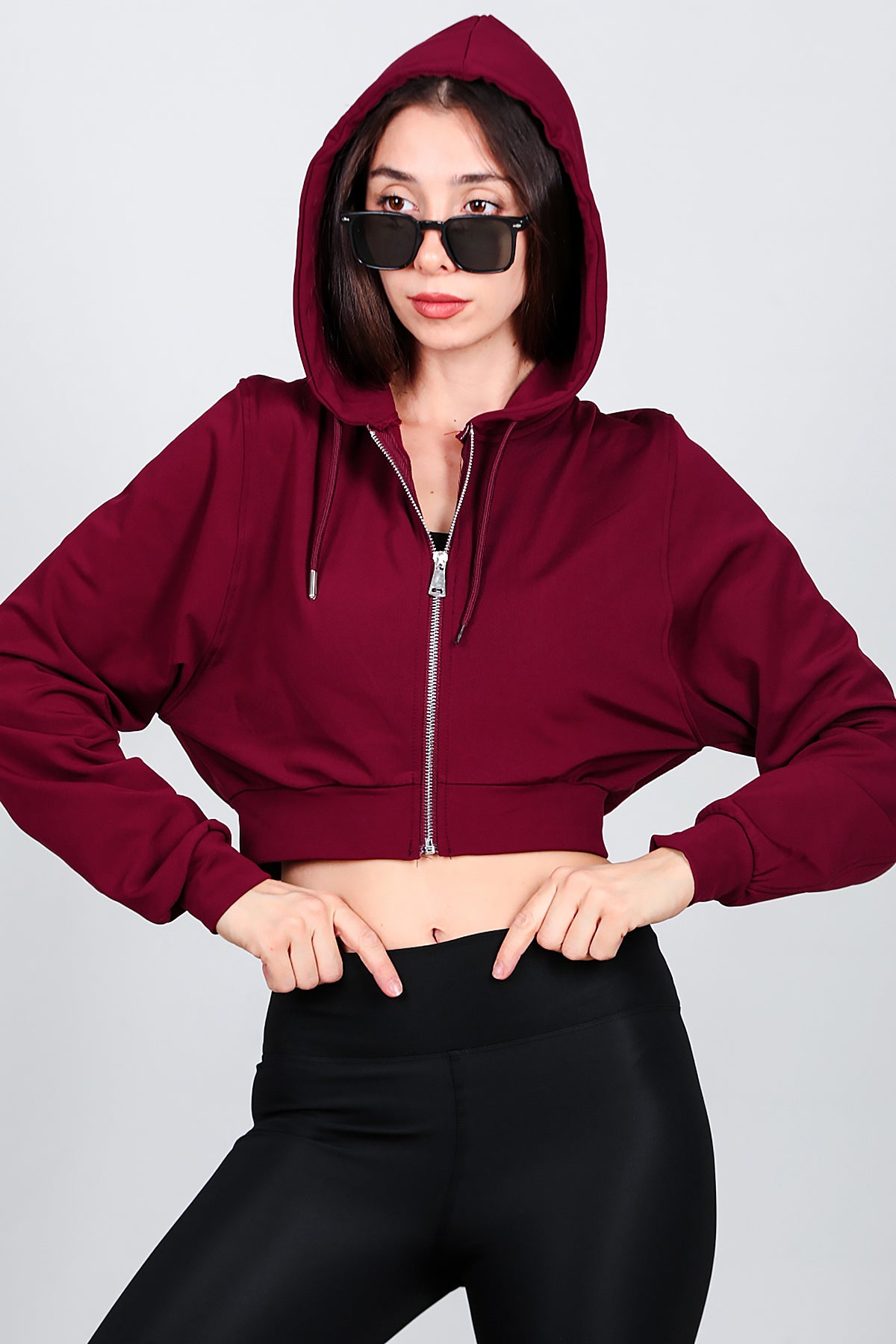 Kadın Kapşonlu Crop Sweat Bordo