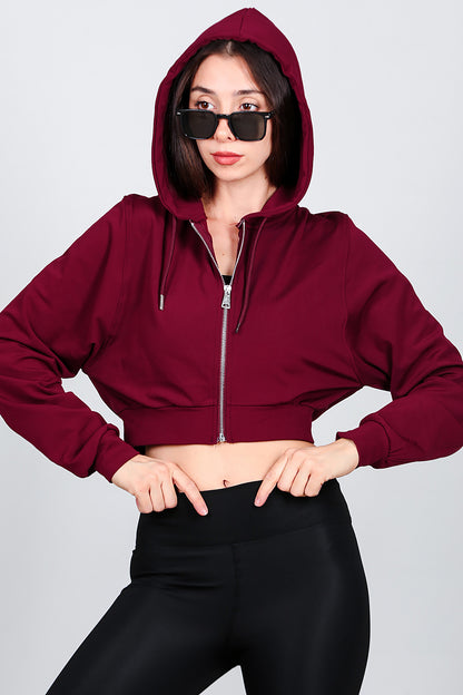 Kadın Kapşonlu Crop Sweat Bordo