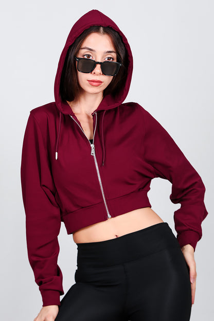 Kadın Kapşonlu Crop Sweat Bordo