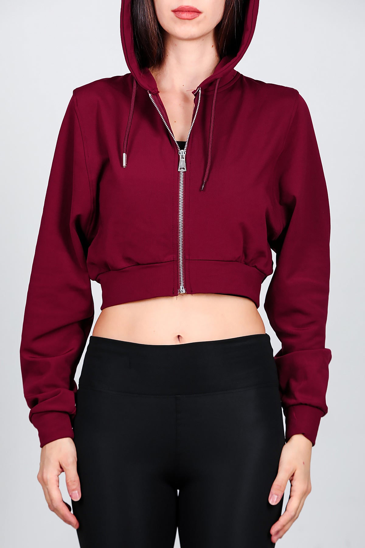 Kadın Kapşonlu Crop Sweat Bordo